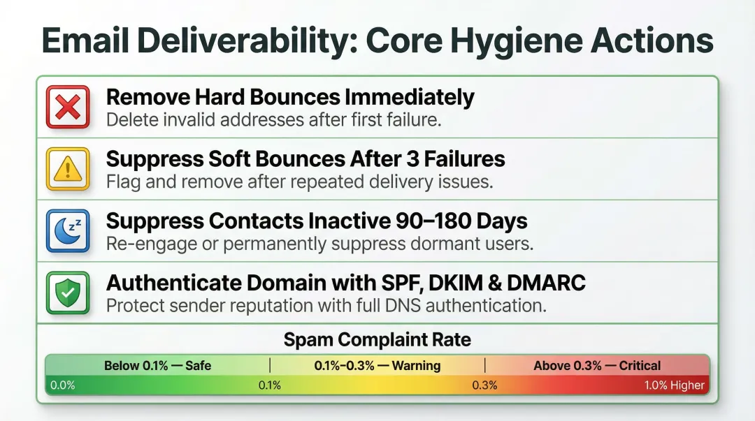 Email list hygiene checklist infographic with deliverability thresholds and core actions