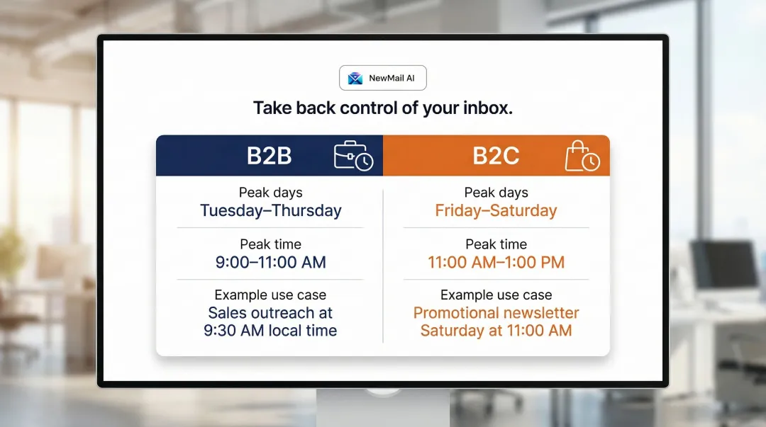 B2B versus B2C email send time comparison infographic with peak engagement windows