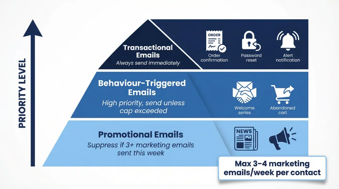 Email frequency priority hierarchy pyramid showing transactional to promotional send rules