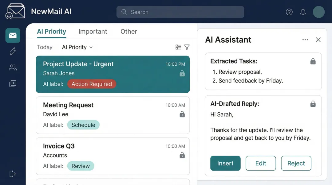 NewMail AI interface showing priority inbox categorization and task extraction dashboard