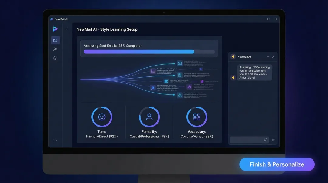 NewMail AI interface learning user communication style from sent emails