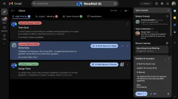 NewMail AI priority inbox interface showing intent-based email categories and AI drafts