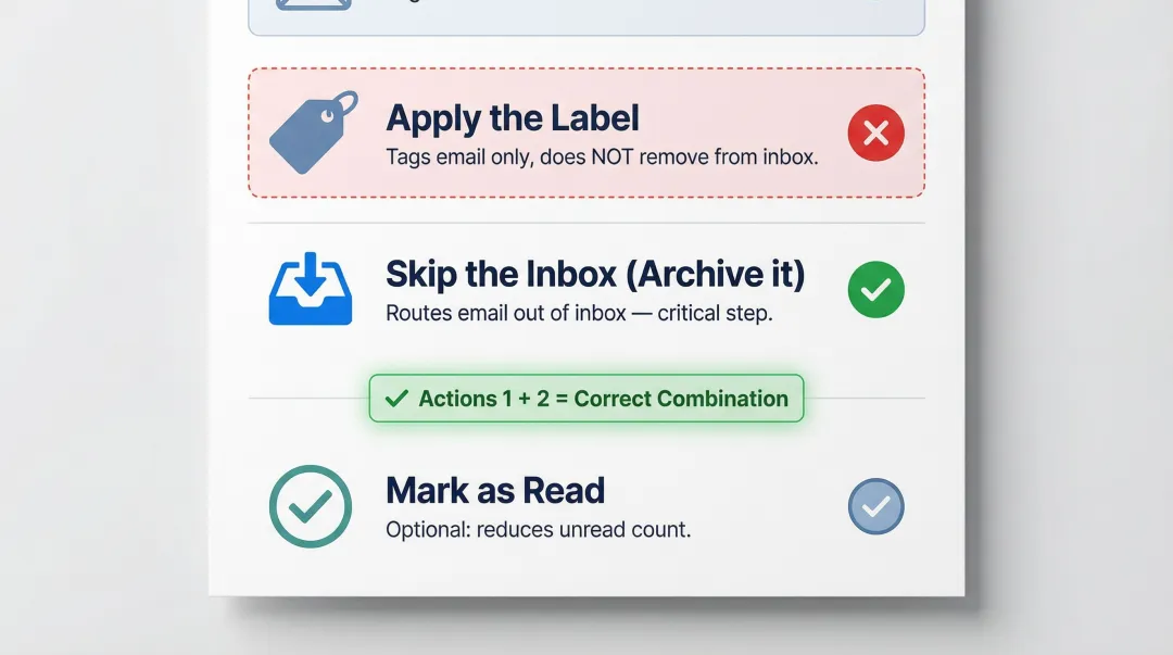 Three Gmail filter actions showing Apply Label Skip Inbox and Mark as Read steps