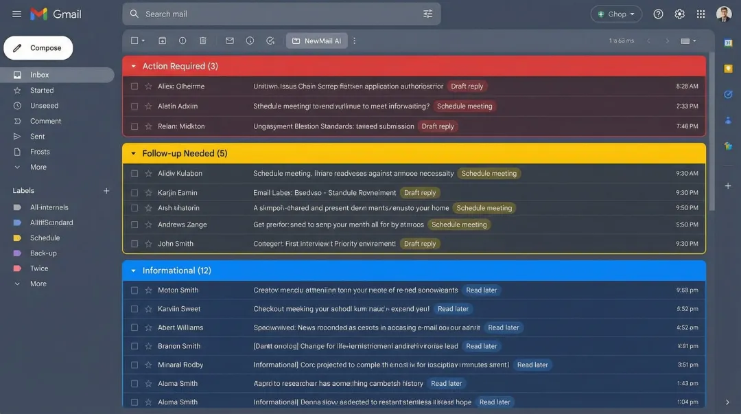 NewMail AI priority inbox interface showing context-aware email categorization in Gmail