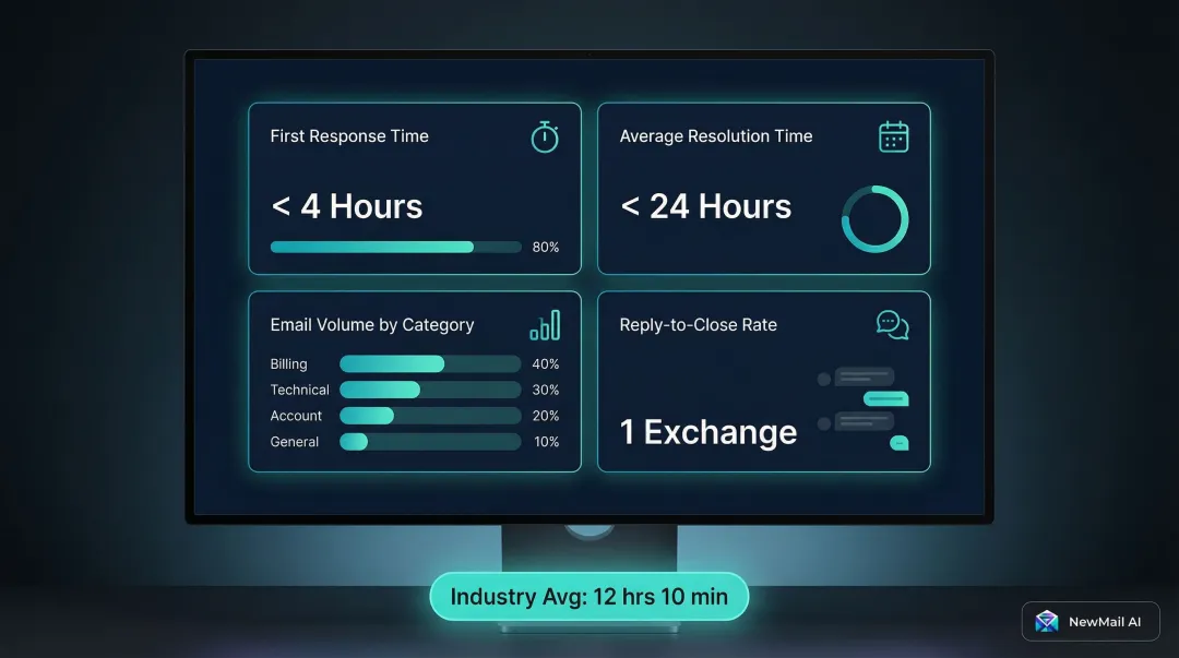 Four core support email metrics dashboard comparison with benchmark targets