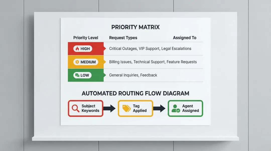 Email triage priority matrix showing urgency levels and automated routing rules