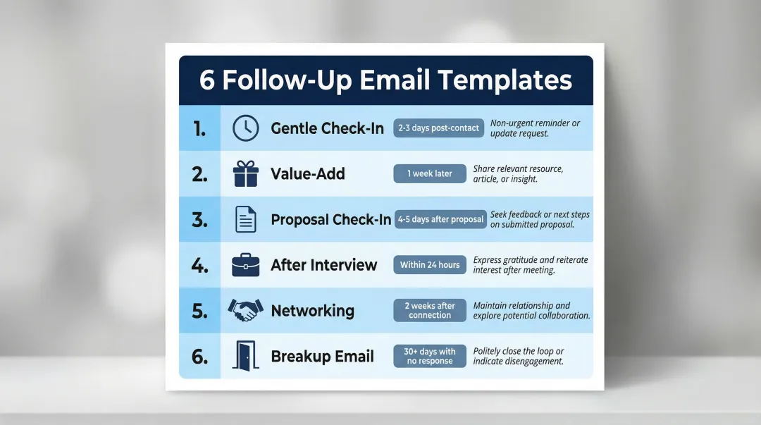 Six follow-up email scenarios overview from gentle check-in to breakup email