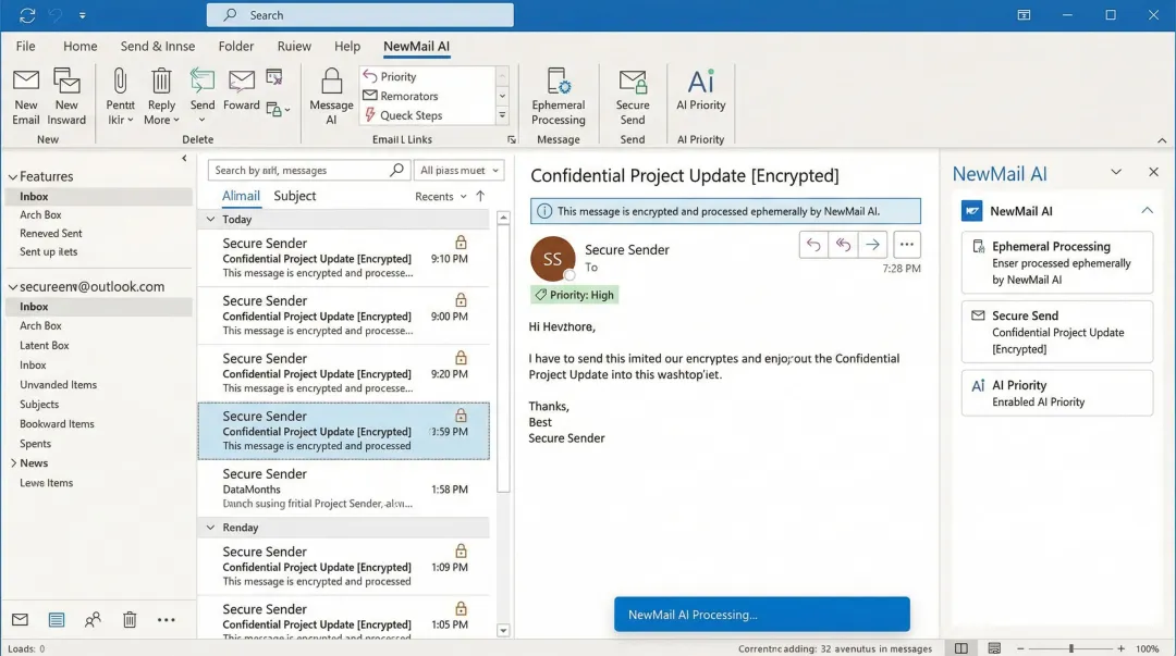 NewMail AI privacy features dashboard inside Outlook email interface
