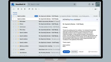 NewMail AI Nova assistant interface inside Gmail showing priority inbox and AI drafts