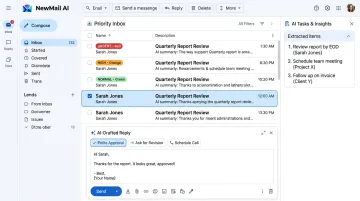 NewMail AI assistant interface showing priority inbox drafts and task extraction features