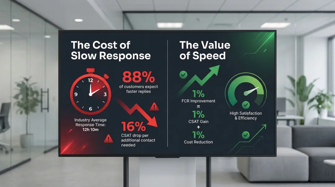 Email response time impact on CSAT scores and operating costs infographic