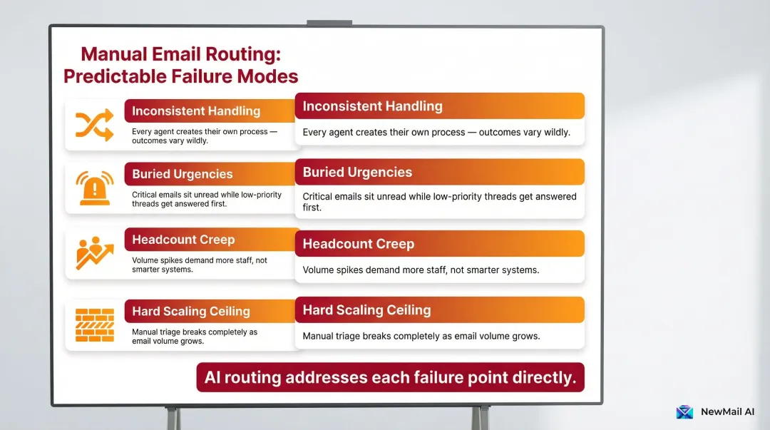 Four operational failure modes of manual email routing without AI automation