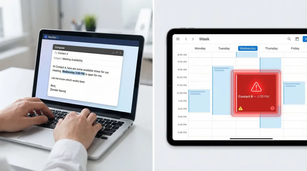 Double-booking calendar conflict scenario showing two overlapping meeting invites