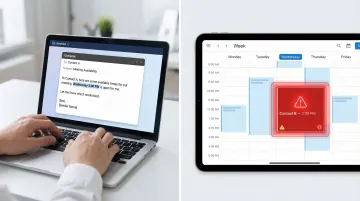 Double-booking calendar conflict scenario showing two overlapping meeting invites