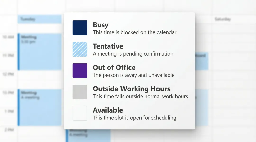 Outlook Scheduling Assistant five color-coded availability status legend infographic