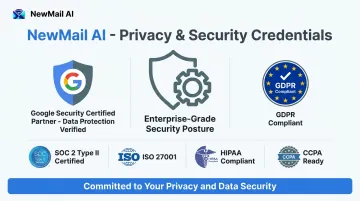 NewMail AI privacy certification badges showing Google Security Certified and GDPR compliance