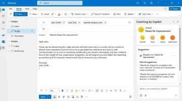 Microsoft Copilot for Outlook coaching interface showing tone and clarity suggestions