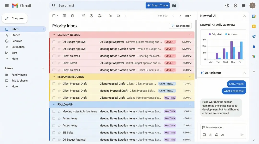 NewMail AI priority inbox interface showing automated email categorization and workflow stages