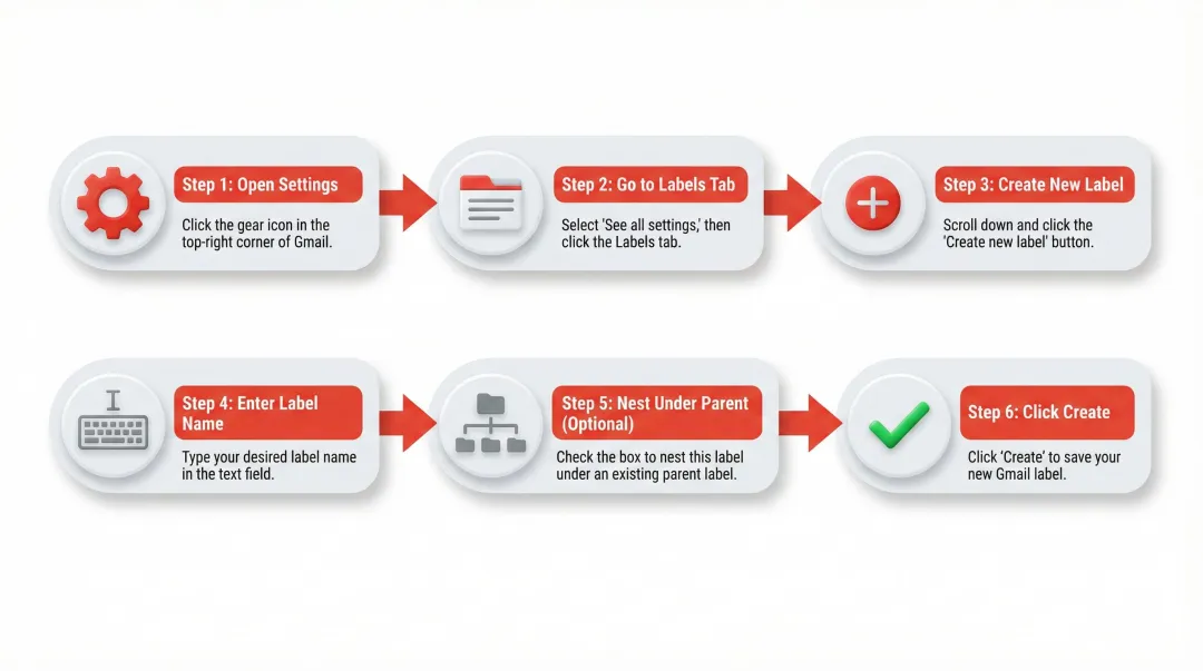 6-step Gmail label creation process flow from settings to confirmation