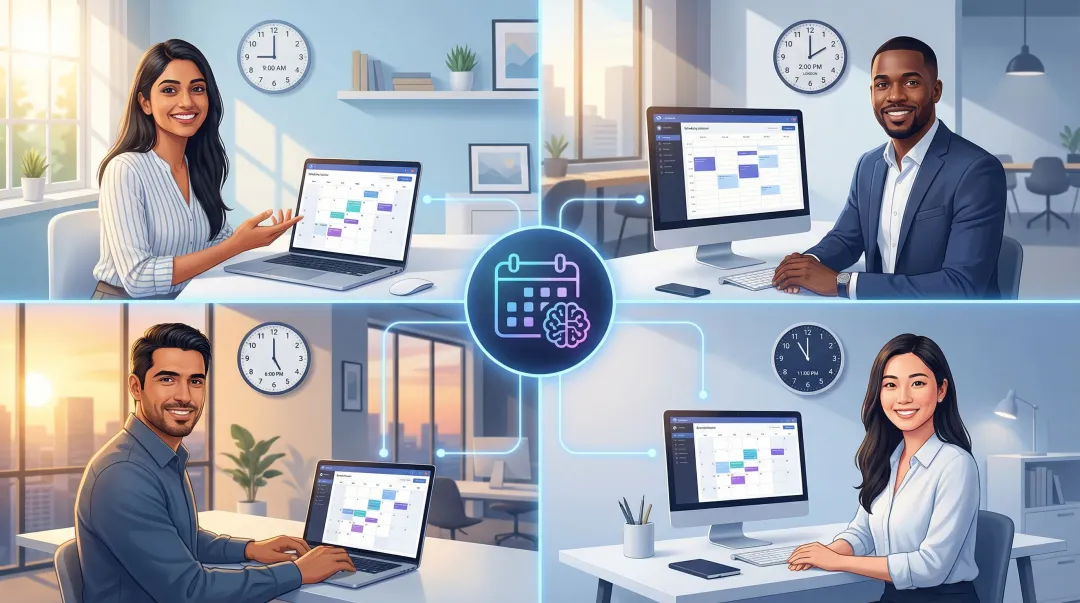 Distributed remote team collaborating across time zones using AI calendar scheduling tool