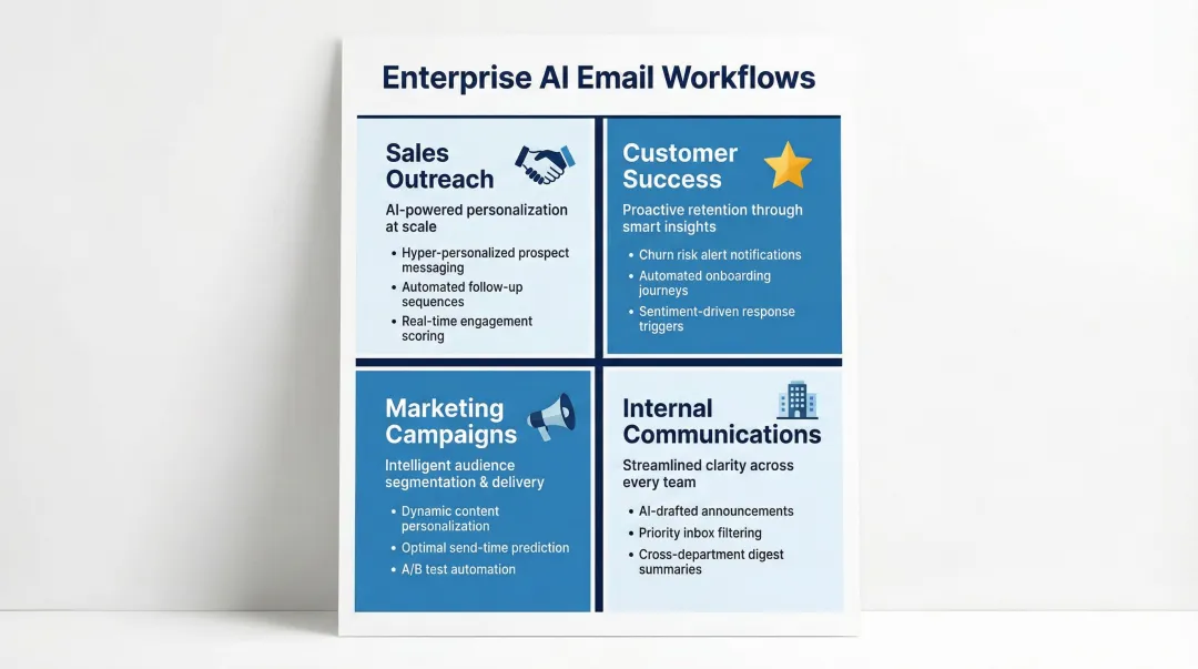 Four enterprise AI email use case workflows sales customer success marketing internal communications