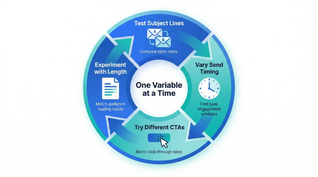 Email sequence optimization loop four-variable A/B testing cycle infographic