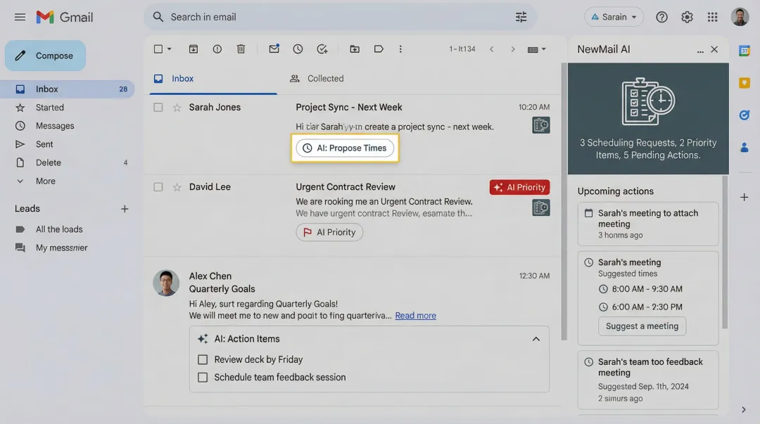 NewMail AI interface inside Gmail extracting scheduling tasks and priority emails