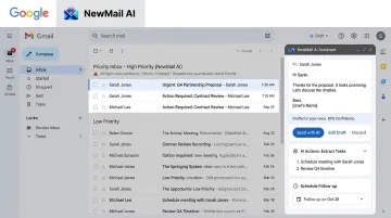 NewMail AI inbox assistant interface showing priority inbox and AI draft reply panel
