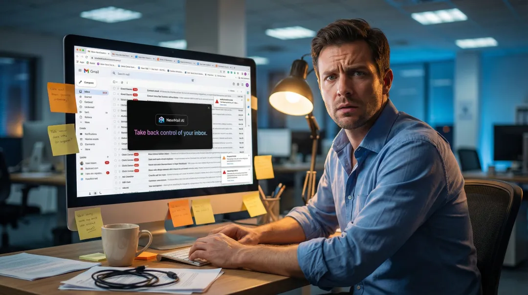 Overwhelmed professional surrounded by unmanaged emails and missed notifications on screen