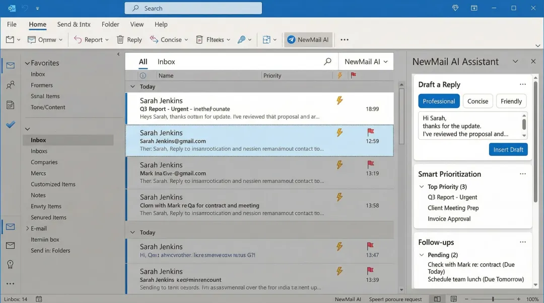 NewMail AI interface inside Outlook showing smart inbox prioritization and draft reply features