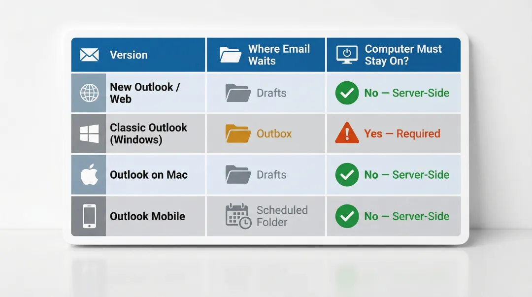 Outlook version comparison table showing email storage location and computer requirements