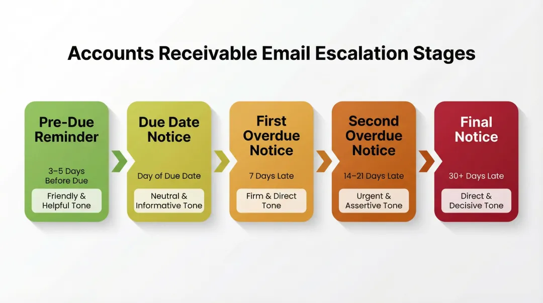 5-stage AR email sequence cadence with escalating tone from friendly to final notice