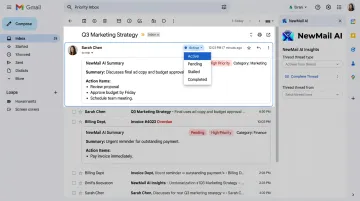 NewMail AI inbox dashboard showing priority categories and thread summaries