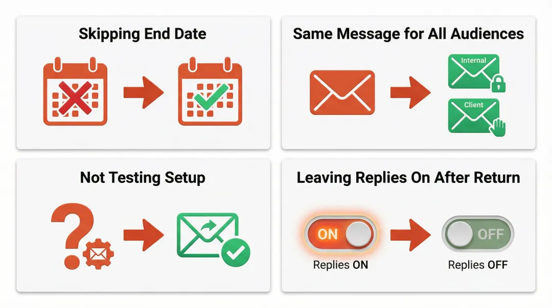 Four common Outlook out of office mistakes and corresponding fixes infographic