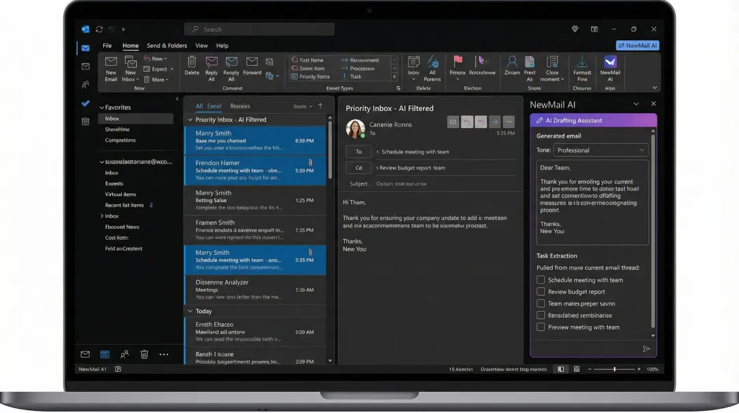 NewMail AI Outlook add-in interface showing priority inbox and AI drafting features