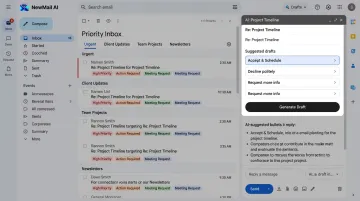 NewMail AI inbox-native assistant interface showing priority inbox and AI drafting features