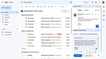 NewMail AI interface showing priority inbox and voice-matched draft replies inside Gmail