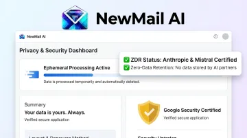 NewMail AI zero data retention privacy architecture dashboard and security certification badges