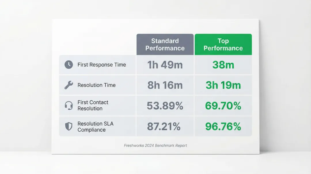 Customer support benchmark comparison table standard versus top performance metrics 2024