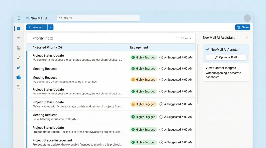 NewMail AI priority inbox interface inside Gmail showing engagement-based scheduling features