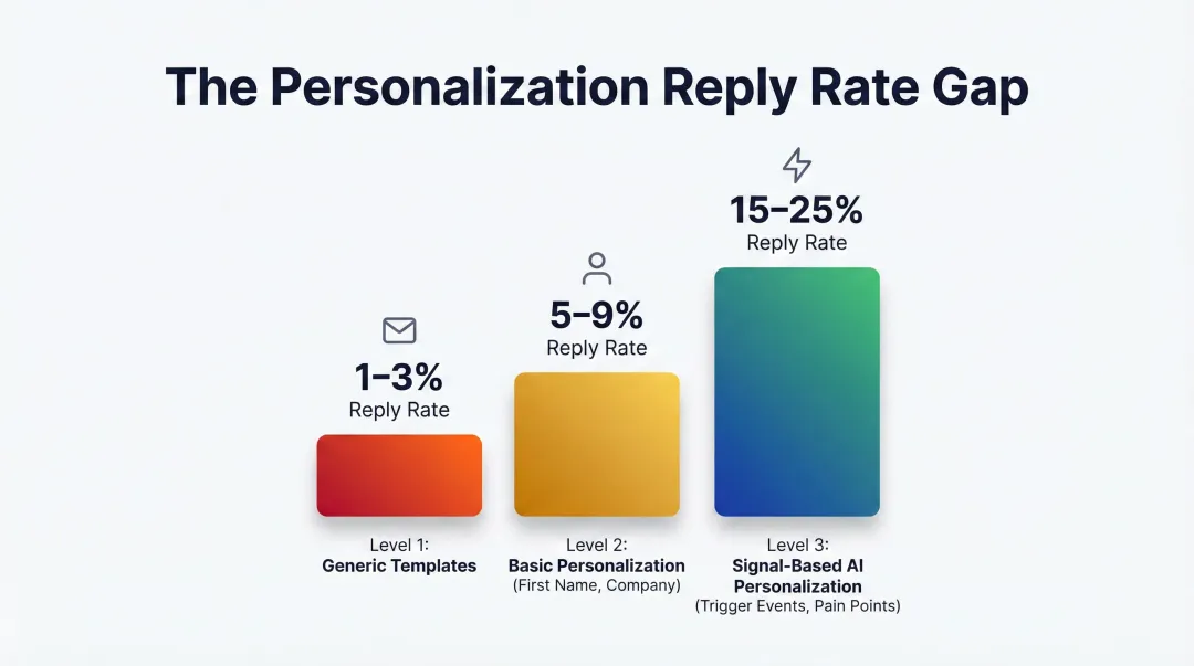 Three-tier B2B cold email reply rate comparison from generic to AI-personalized