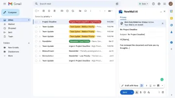 NewMail AI inbox dashboard showing privacy-first AI email drafting and triage features