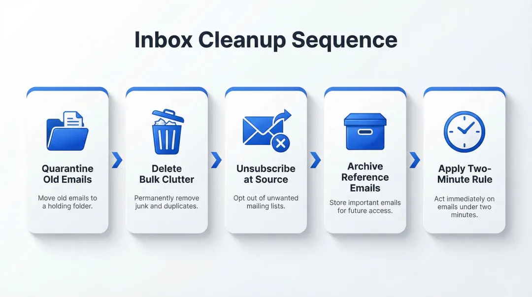 5-step inbox zero email purge process flow infographic