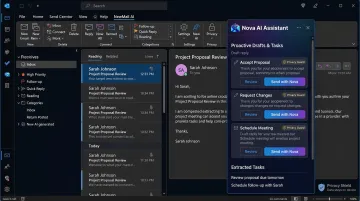 NewMail AI inbox assistant interface showing proactive drafts triage and privacy indicators inside Outlook