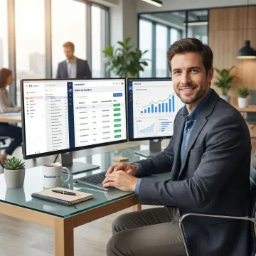 Professional using Gmail with automated follow-up emails and mail merge features active on screen