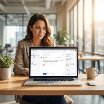 Professional using AI-powered automated email reply service on a laptop