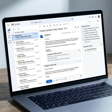 AI email and CRM optimization dashboard on laptop