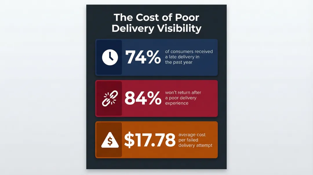 Customer delivery expectation gap statistics showing failed delivery costs and brand loyalty impact