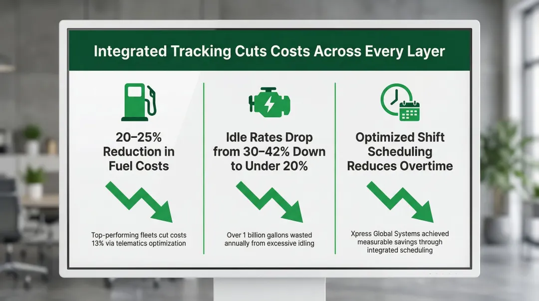 Fleet tracking operational cost reduction breakdown showing fuel idle time and overtime savings