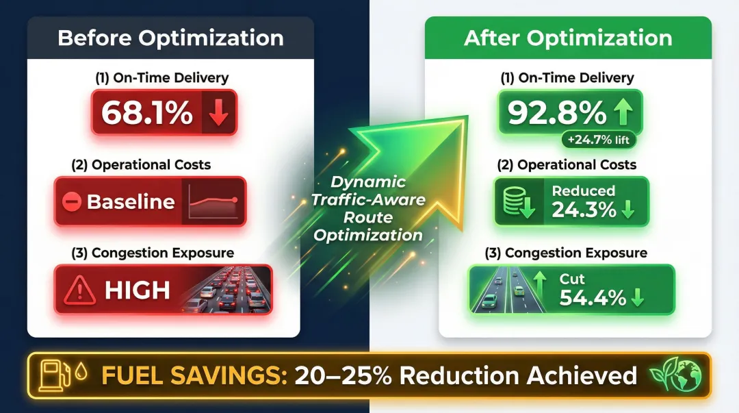 Dynamic route optimization impact showing on-time delivery and cost reduction results